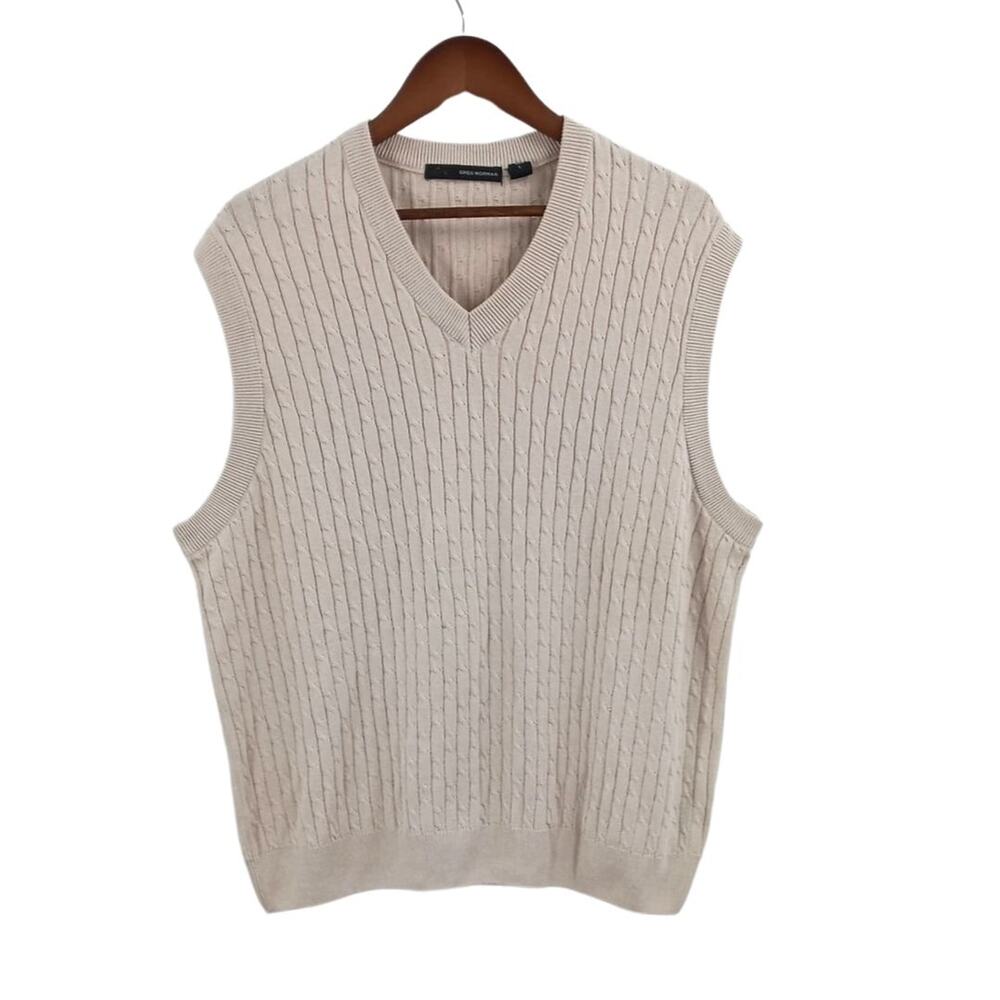 Greg Norman Tan Cable Knit V-Neck Grandpa Sweater Vest Sz Large Mens
